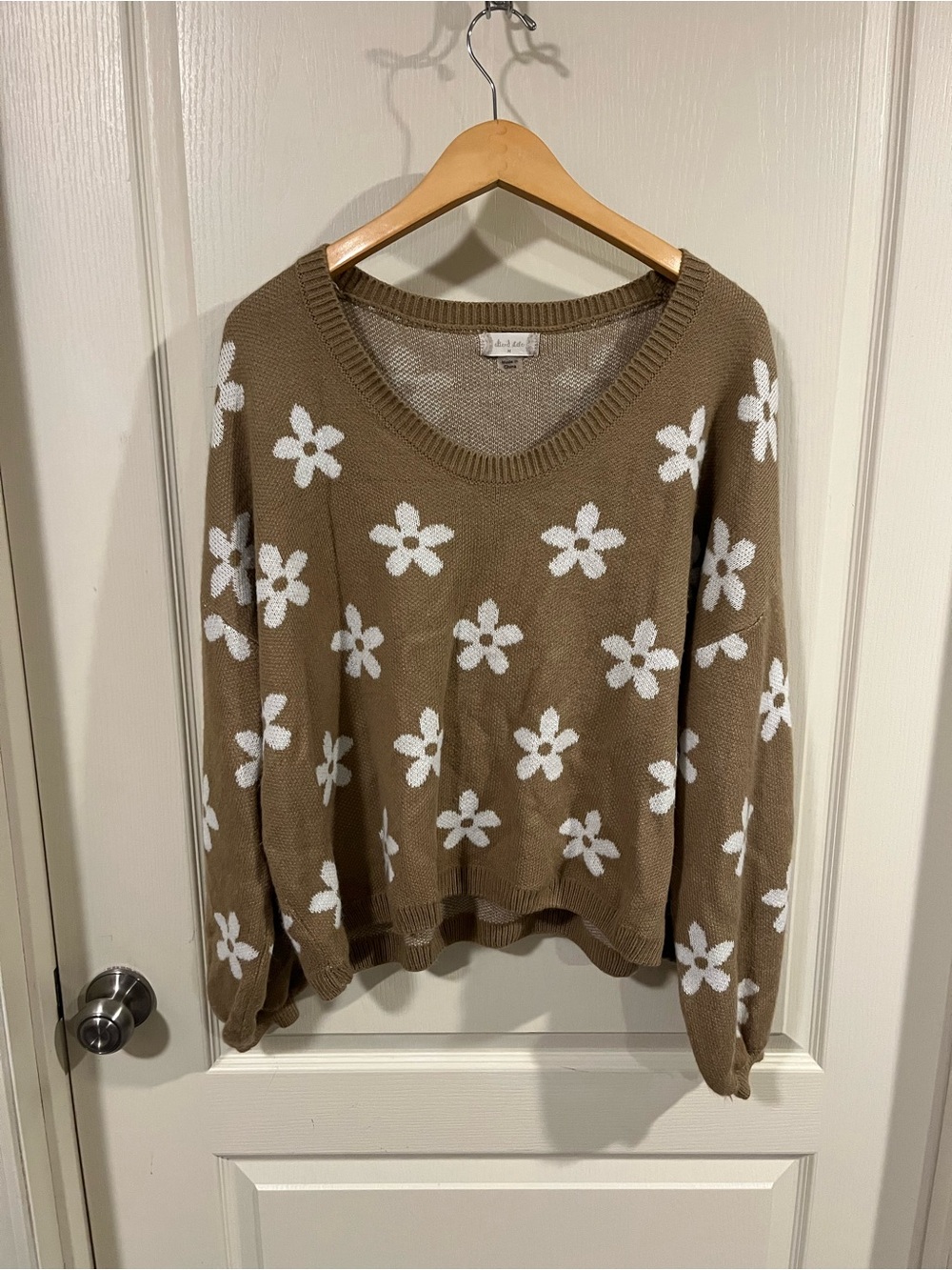 Altar'd State Floral V-Neck Sweater in Brown with White Flower Pattern - Picture 2 of 7